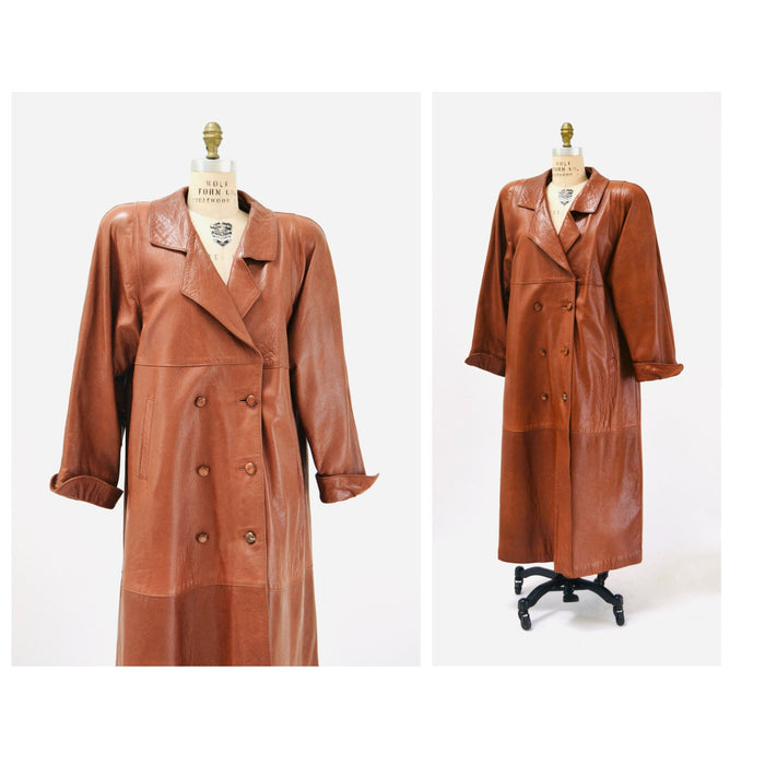 Vintage Brown Leather Jacket Trench Coat Long Leather Jacket Coat Medium Large// 80s 90s Brown Leather Jacket Coat Long Brown Leather jacket