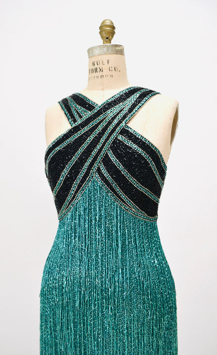 80s Vintage Bob Mackie Blue Green Beaded Fringe Dress Vintage Green Metallic Dress Small // Beaded Fringe Dress Flapper Inspired Cher Dress