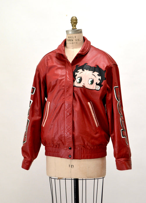 80s 90s Vintage Red Leather Jacket with Betty Boop Jacket// 90s 80s Red Leather Biker Jacket Betty Boop Comic Cartoon Small Medium Maziar