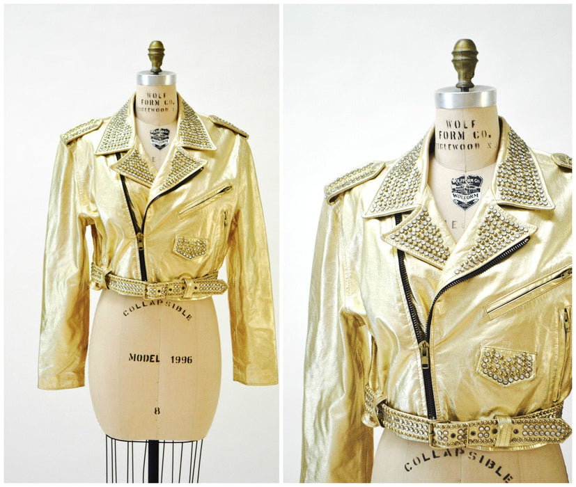 Amazing Vintage Gold Leather Biker Jacket with Rhinestones Gold Studs Large XL// Metallic Studded Gold Leather Moto Jacket LA ROXX