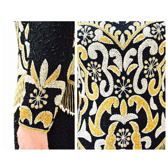 80s 90s Vintage Black Metallic Beaded Dress Evening Gown Large XL//  Black Gold Silver Beaded Long Sleeve Dress Pageant Gown Large XL