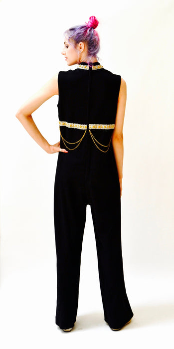 70s Vintage Black Jumpsuit Medium Large Metallic Gold Knit By Ricky Ann// 70s Vintage Jumpsuit Pantsuit Black Metallic Chain Trim