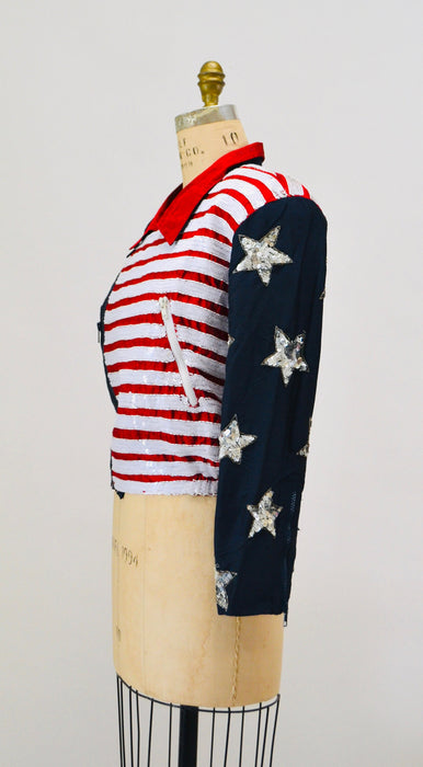 90s Vintage Sequin Jacket American Flag USA Large Modi// Vintage Sequin Moto Jacket Stars Stripes USA America Olympics Star Sequin Jacket