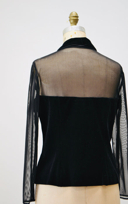 90s Vintage Sheer Black Velvet Top 90s Party Sheer long Sleeve Top Medium Large // 90s Sheer Mesh Velvet Party Shirt Tadashi Inspired Top