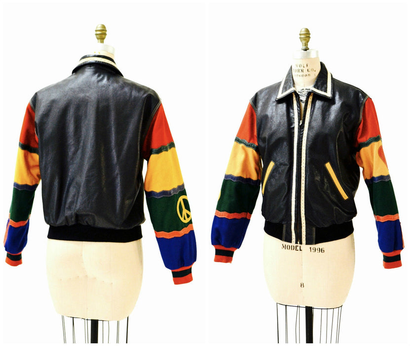 Vintage Moschino Leather Jacket Black Love Peace Heart Red and Black Navy Moschino Jeans ITaly Pop Art Rainbow Gay Pride Leather Jacket