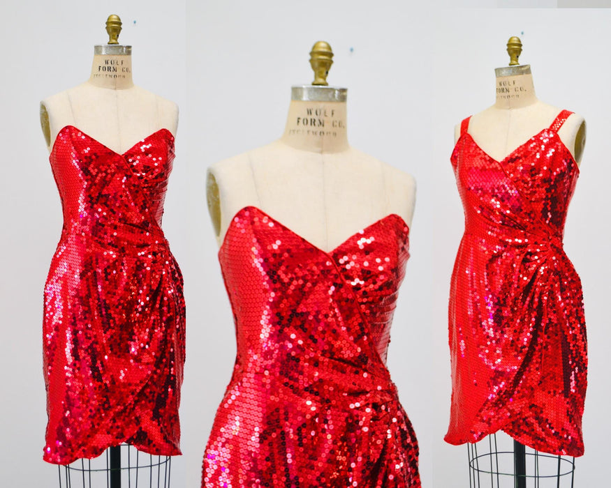 80s Prom Dress Red Sequins Small Medium// Vintage 80s Pageant Dress Red Sequin Strapless Dress 80s Metallic Prom Party Red Sequin Dress