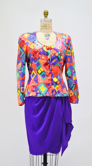 80s 90s Vintage Sequin Jacket Suit and Skirt By Lillie Rubin Abstract Rainbow Print Sequin Suit Medium large 80s Power Suit Sequin Jacket