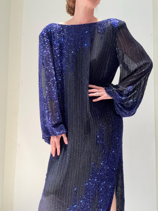 80s 90s Vintage Beaded Sequin Gown Dress Medium Large By Bob Mackie Blue Black Rhinestones Long Sleeve Blue Beaded Conservative Draped Gown