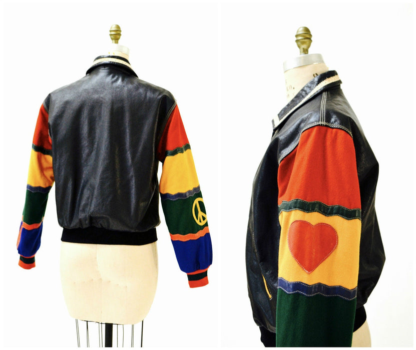 Vintage Moschino Leather Jacket Black Love Peace Heart Red and Black Navy Moschino Jeans ITaly Pop Art Rainbow Gay Pride Leather Jacket