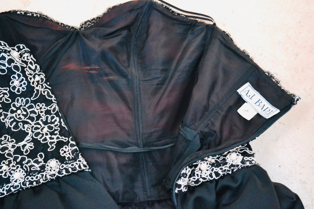 80s 90s Vintage Black Lace Strapless Party Dress Pearl Black Dress Glam Prom Pageant Bridesmaid Dress Medium Lace Pear Bubble Skirt Small