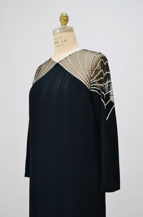 70s 80s Vintage Black Rhinestone BOB MACKIE Dress Medium Large // Vintage Black Illusion Dress// Metallic Rhinestone Party Cocktail Dress