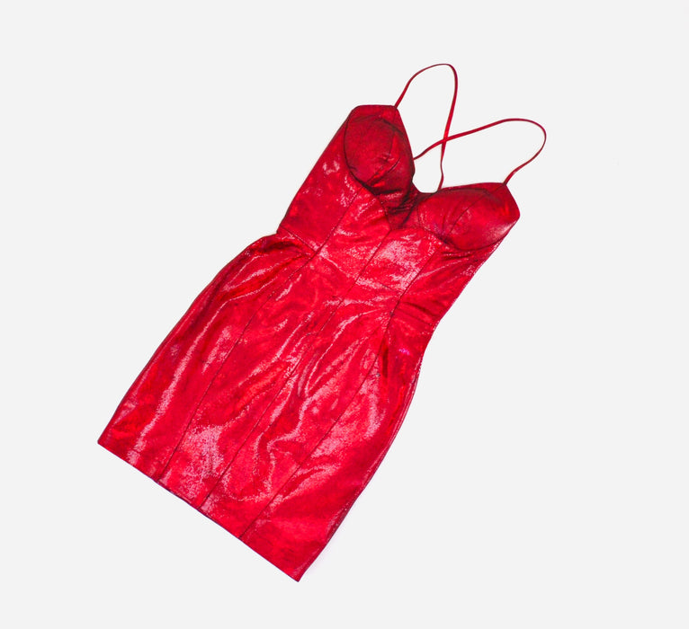 Stunning 90s 2000s y2k metallic Red Leather Dress Lace Up leather Dress XXS XS Small Michael Hoban North Beach red leather Short Dress