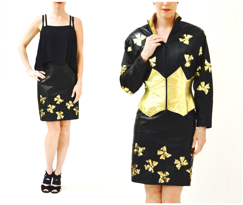 Vintage Black Leather Skirt Size Small Metallic Gold Sequin Bows Black leather Skirt 80s Glam By Lillie Rubin