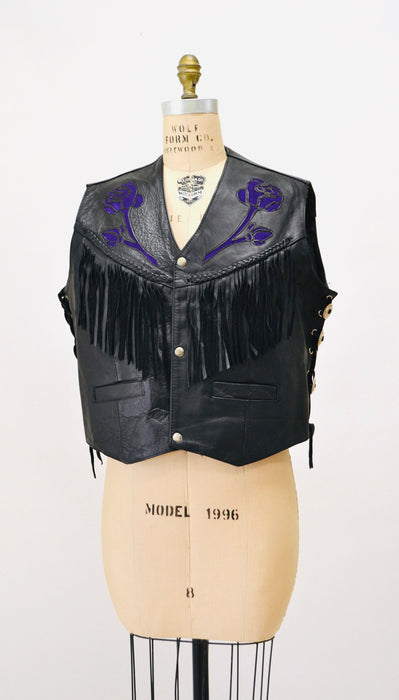 80s 90s Vintage Black Leather Fringe Vest Large PUprle Rose Fringe leather Vest Cowboy Cowgirl Rodeo Biker Festival Vest Large XL