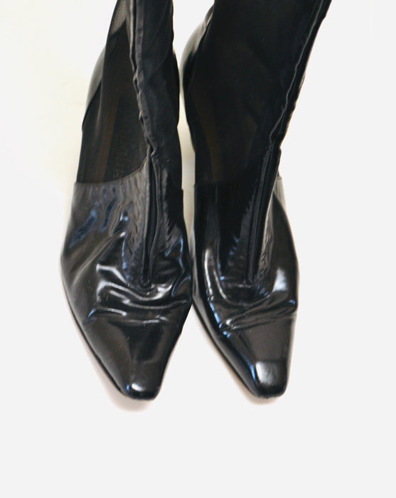 1970s 80s Vintage Knee High Boots Size 38 7  7 1/2 Ombeline Maud Frizon Black Mesh and Leather Boots High Heel Knee High Black Leather Boots