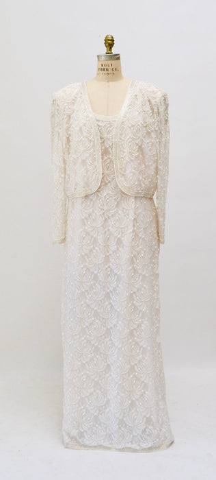 90s Vintage Cream White Lace Beaded Party Wedding Gown Beaded Pink White Lace Jacket Large// Vintage Beaded Pearl Lace Wedding Dress large