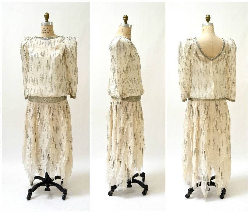 80s does 20s Vintage Beaded Dress Silk Cream Off White Dress Small Medium Ruben Panis// 80s Vintage Beaded Dress Long Sleeve Flapper Dress