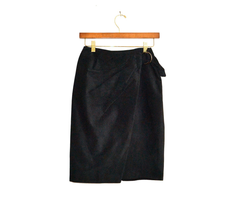 90s Vintage Suede Leather Skirt Black// Vintage Black Suede Wrap Skirt size Small Medium