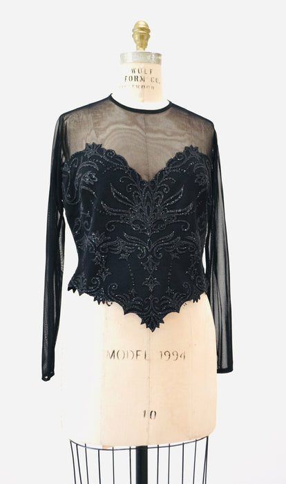 90s Vintage Sheer Black Velvet Top 90s Party Sheer long Sleeve Top Medium Large // 90s Sheer Mesh Velvet Party Shirt Tadashi Inspired Top