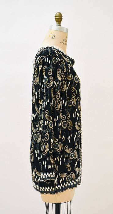 Vintage Beaded Metallic Embroidered Jacket Black Silver Paisley Jacket // Vintage Black Embroidered Jacket Art Deco Beaded Jacket