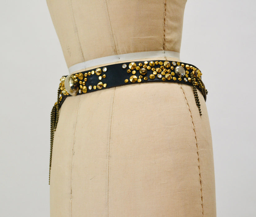 80s Vintage Black Gold Studded Rhinestone belt by Michael Morrison Black Leather Gold fringe Metallic Belt Rockstar Belt Medium large