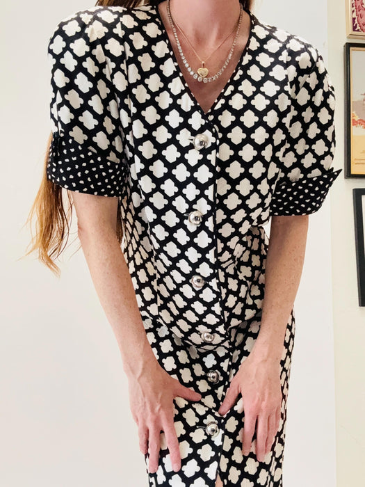 80s 90s Vintage Black White Silk Dress Neiman Marcus// Vintage Silk Shirt Dress Black White Polka Dot Party Silk Conservative Dress Medium