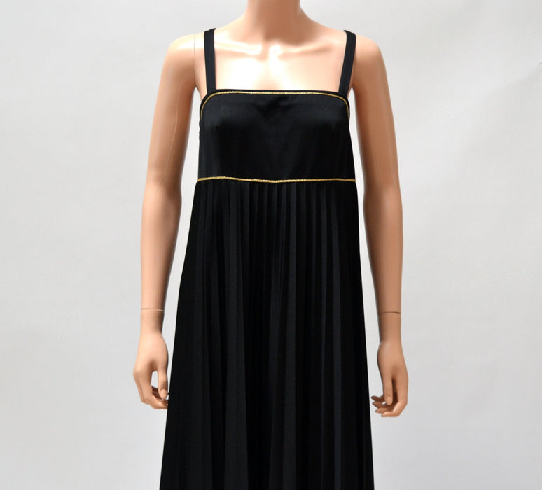 70s Vintage Black Maxi Dress Black And Gold Long Dress Small // Vintage Black Pleated Maxi Dress Long Bridesmaid Evening Gown Trevira