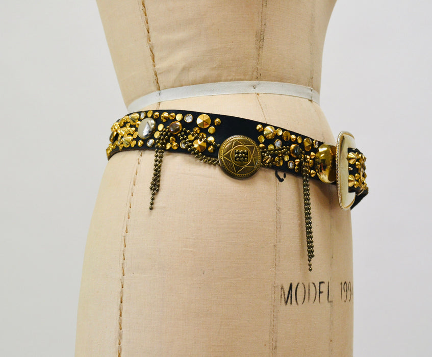 80s Vintage Black Gold Studded Rhinestone belt by Michael Morrison Black Leather Gold fringe Metallic Belt Rockstar Belt Medium large
