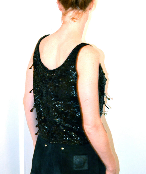 Vintage Black Sequin Top Size Medium// 60s Black Fringe Sequin Shirt Blouse Shirt Size Medium Black Beaded Fringe Tank Top