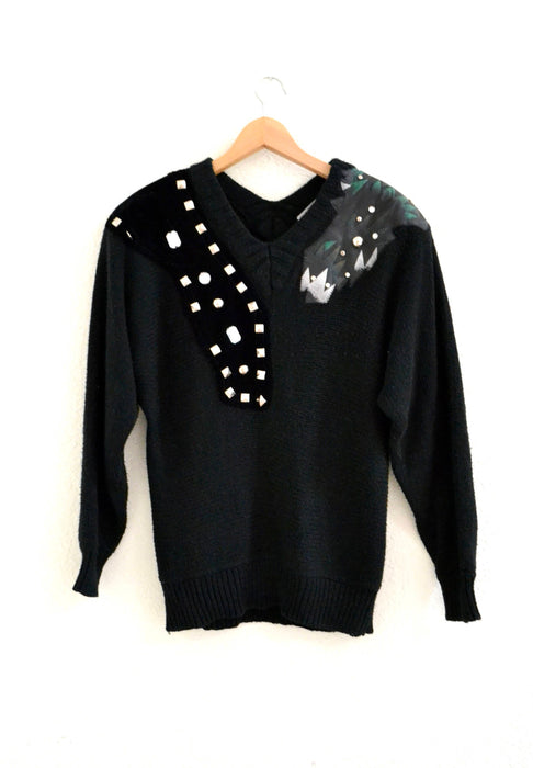 Vintage 80s Black Sweater Metallic studs rhinestones and faux leather SIze Medium Jumper Pull over 80s Glam Black Sweater