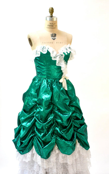 Vintage 80s Prom Dress Ball Gown XS Small Metallic Green St Pattys Day// Metallic Party Dress Green White Southern Bell Pageant Dress