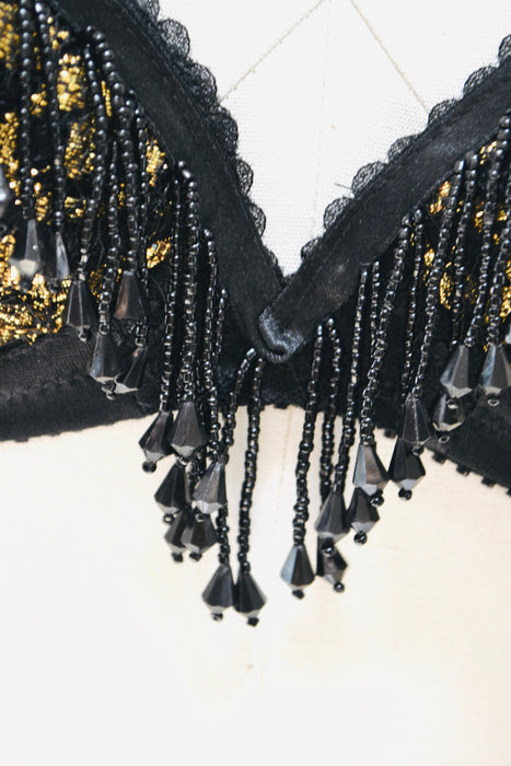 80s 90s Black Lace Bra Showgirl Beaded Fringe Halter neck Bra Crop Top Gold beaded fringe top 80s Madonna Costume top Black Lace Fringe Bra