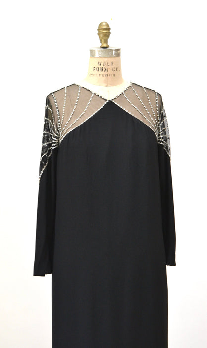 70s 80s Vintage Black Rhinestone BOB MACKIE Dress Medium Large // Vintage Black Illusion Dress// Metallic Rhinestone Party Cocktail Dress