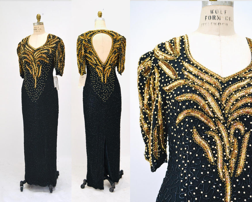 70s 80s GLAM Vintage Black Gold Beaded Sequin Evening Gown Small Medium // 80s 90s Pageant Drag Queen Black beaded Dress Gown Medium