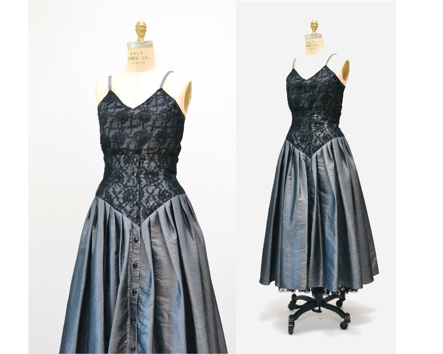 Vintage 80s 90s Black Grey lace Crinoline Skirt and Top Small Medium 80s Prom Madonna Dress// 80s Grey Taffeta Lace Party Dress Skirt Top
