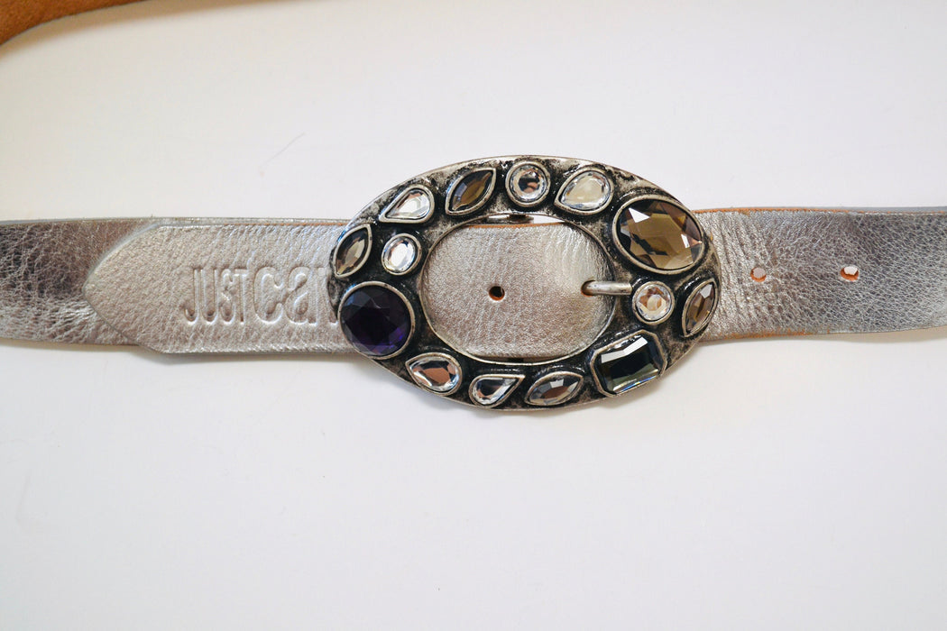 Y2K 2000s Just Cavalli Silver Leather Belt Rhinestone Crystal Belt Buckle Silver Leather Studded Belt Buckle 33-37" Roberto Cavalli Belt