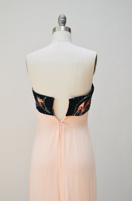 80s 90s Vintage Silk Sequin Gown Dress XXS XS By Bob Mackie Silk// Vintage Wedding Silk Pink Peach Black Gown Sequin Strapless Silk Dress