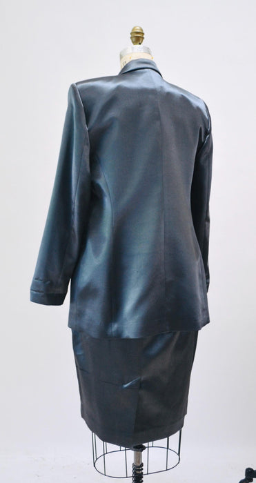 90s Vintage Gray Pewter Satin Jacket Blazer Suit Skirt Dark Grey Blazer 80s 90s Glam Power Suit Medium Criscione 90s Suit Rhinestone buttons