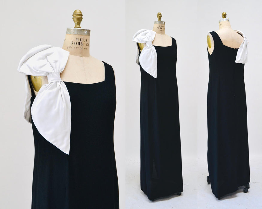 80s 90s Vintage Black Party Dress Black Evening Gown with Large White Bow// 90s Party Dress Bow Dress Medium Large 80s Evening Wedding Dress