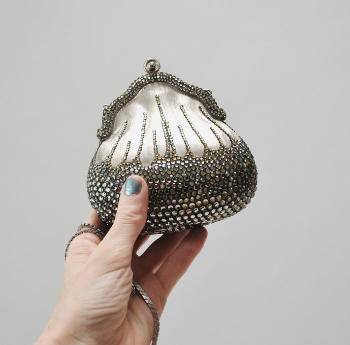 Vintage Silver Judith Leiber 1967 Chatelaine Minaudiere Swarovski Crystals Silver Hard Metal Clutch Bag wedding Purse By Judith Leiber