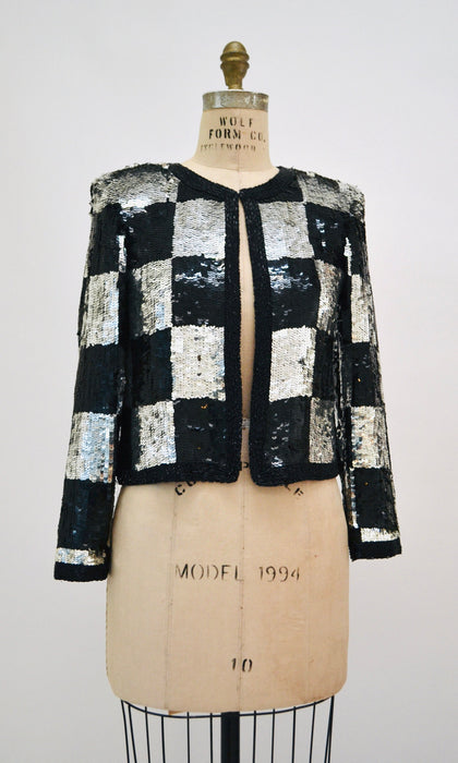 Vintage Sequin Jacket Black Silver Metallic Checker Plaid Small Medium// Vintage Sequin Jacket Blazer Silver Black Checkered Sequin Glam