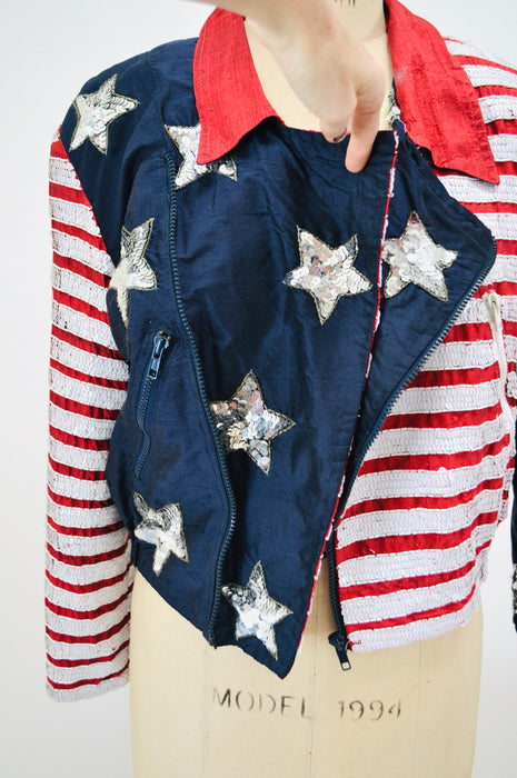 90s Vintage Sequin Jacket American Flag USA Large Modi// Vintage Sequin Moto Jacket Stars Stripes USA America Olympics Star Sequin Jacket