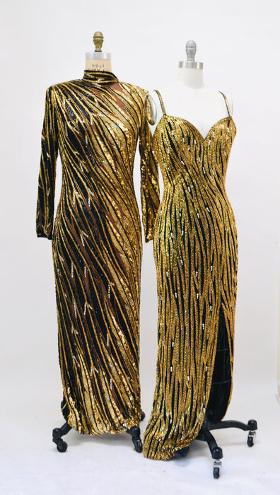 80s 90s Vintage Beaded Sequin Gown Dress By Bob Mackie Gold Black Tiger Stripe Long Sleeve Sequin Gown BoB Mackie Cher Sequin Dress Small