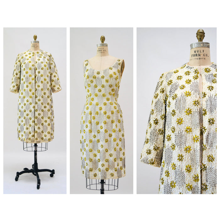 50s 60s Vintage Cream Gold Sequin Beaded Dress and Jacket Small Medium 1950s 60s Wedding Sequin Dress Jacket Flower Beaded Suit Miss Ruth