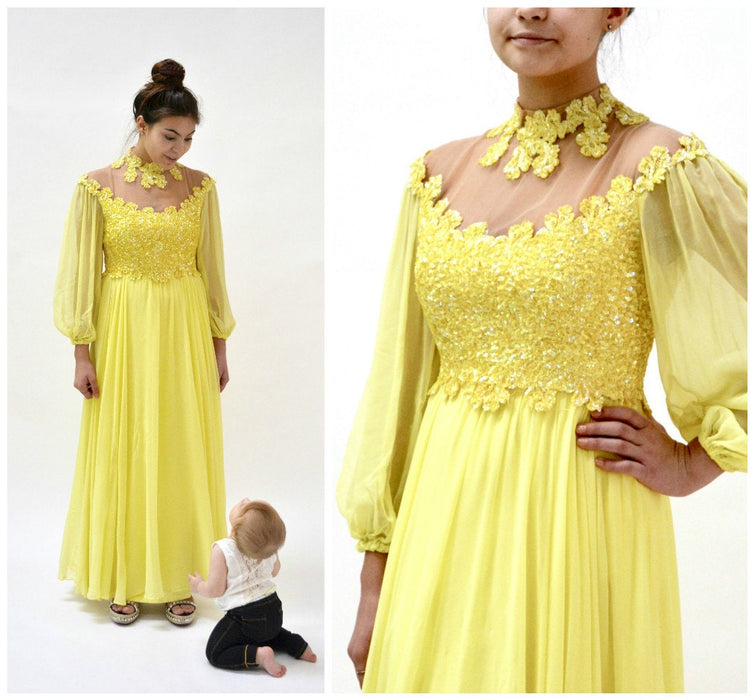 70s Vintage Sequin Evening Gown Dress Yellow Small Medium By Mike Benet// 70s Vintage Bridesmaid Prom Dress Yellow Wedding Dress  A29