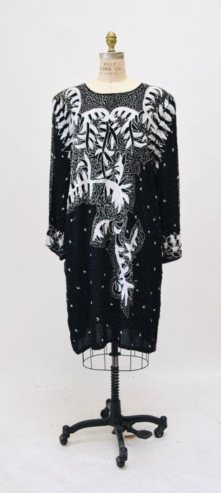 80s GLAM Vintage Black White Sequin Party Dress XL X Large// Vintage Black Sequin Dress Flapper Disco 3X Plus Size Vintage Beaded dress