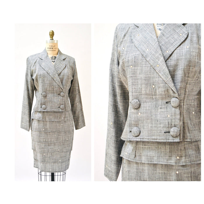 90s Vintage Plaid Jacket Skirt Suit Rhinestones Black and White Plaid Double Breasted Suit Jacket Rhinestone Glam Power Suit Small Medium