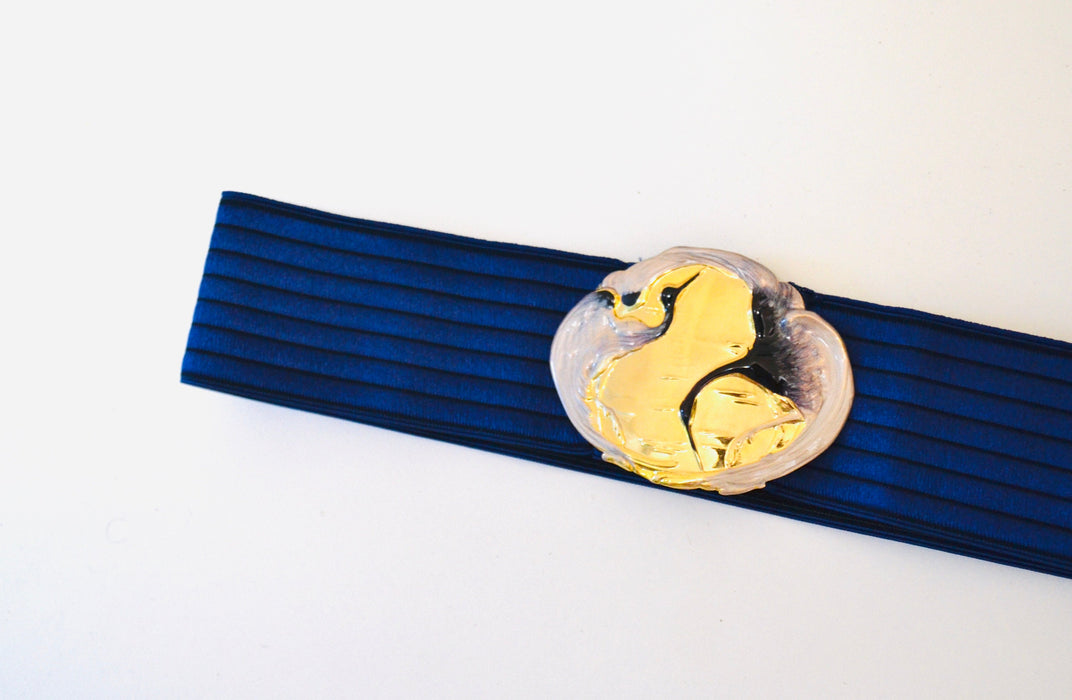 80s 90s Vintage Gold Blue Belt Buckle Blue Crane Bird Stretch Elastic Belt Blue Gold Metallic Wedding Belt Medium Large 26-35" By Charmant