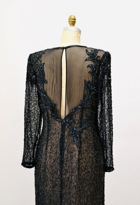 90s Vintage Black Beaded Sequin Party Dress Medium Large// 80s 90s Pageant Formal Black beaded Dress long sleeves Large Silk LIllie Rubin