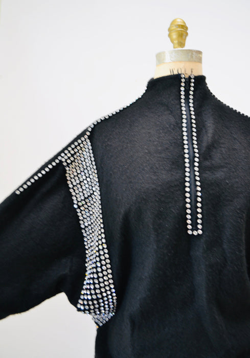 80s 90s Glam Black Sweater Top Vintage Black Rhinestone Sweater Jumper Pull over 80s Rhinestone Party Sweater Dolman Sleeves Small Medium